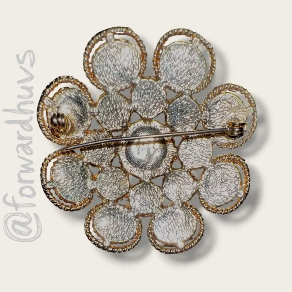 Vintage Gold Tone Faux Pearl Floral Filigree Brooch Pin